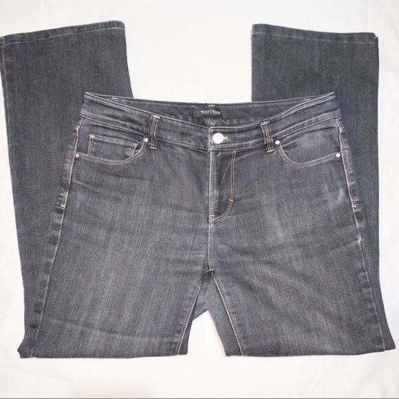 WHBM Blanc Women's Boot Leg Mid Rise Dark Wash Stretch Black Denim Jeans Size 8S - Picture 2 of 9